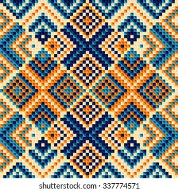 Trendy, contemporary ethnic seamless pattern, embroidery cross, squares, diamonds, chevrons