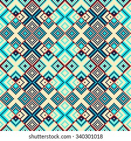 Trendy, contemporary ethnic seamless pattern, embroidery cross, squares, diamonds, chevrons.