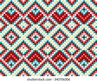 Trendy, contemporary ethnic seamless pattern, embroidery cross, squares, diamonds, chevrons. Ethnic scarf, carpet, clothes.