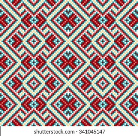 Trendy, contemporary ethnic seamless pattern, embroidery cross, squares, diamonds, chevrons. Ethnic scarf, carpet, clothes.