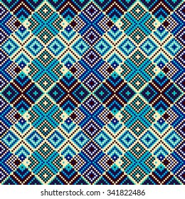 Trendy, contemporary ethnic seamless pattern, embroidery cross, squares, diamonds, chevrons. Ethnic scarf, carpet, clothes.