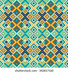 Trendy, contemporary ethnic seamless pattern, embroidery cross, squares, diamonds, chevrons.