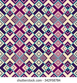 Trendy, contemporary ethnic seamless pattern, embroidery cross, squares, diamonds, chevrons. Ethnic scarf, carpet, clothes.
