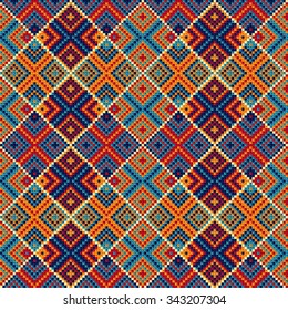 Trendy, contemporary ethnic seamless pattern, embroidery cross, squares, diamonds, chevrons. Ethnic scarf, carpet, clothes.