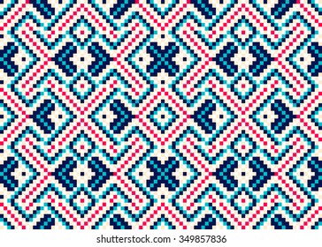 Trendy, contemporary ethnic seamless pattern, embroidery cross, squares, diamonds, chevrons.