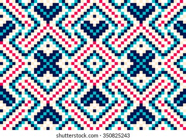 Trendy, contemporary ethnic seamless pattern, embroidery cross, squares, diamonds, chevrons.