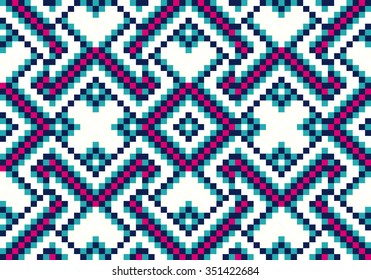 Trendy, contemporary ethnic seamless pattern, embroidery cross, squares, diamonds, chevrons.