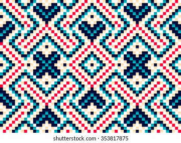 Trendy, contemporary ethnic seamless pattern, embroidery cross, squares, diamonds, chevrons