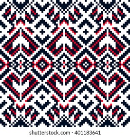 Trendy, contemporary ethnic seamless pattern, embroidery cross, squares, diamonds, chevrons. National pattern, carpet, matting.