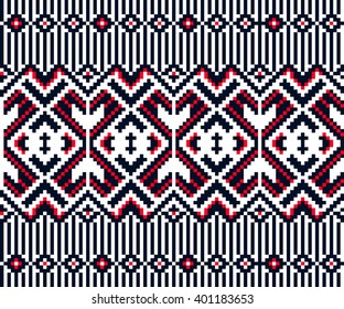 Trendy, contemporary ethnic seamless pattern, embroidery cross, squares, diamonds, chevrons. National pattern, carpet, matting.