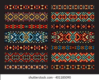 Trendy, contemporary ethnic seamless pattern, embroidery cross, squares, diamonds, chevrons. Beads, bracelet, ribbon, lace, bead weaving.