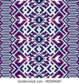 Trendy, contemporary ethnic seamless pattern, embroidery cross, squares, diamonds, chevrons. National pattern, carpet, matting.
