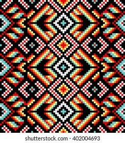 Trendy, contemporary ethnic seamless pattern, embroidery cross, squares, diamonds, chevrons.