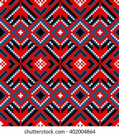 Trendy, contemporary ethnic seamless pattern, embroidery cross, squares, diamonds, chevrons.