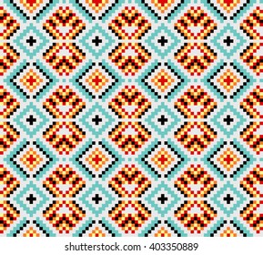 Trendy, contemporary ethnic seamless pattern, embroidery cross, squares, diamonds, chevrons.