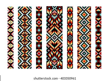 Trendy, contemporary ethnic seamless pattern, embroidery cross, squares, diamonds, chevrons. Beads, bracelet, ribbon, lace, bead weaving.