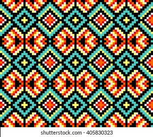 Trendy, contemporary ethnic seamless pattern, embroidery cross, squares, diamonds, chevrons.