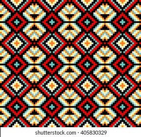 Trendy, contemporary ethnic seamless pattern, embroidery cross, squares, diamonds, chevrons.