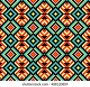 Trendy, contemporary ethnic seamless pattern, embroidery cross, squares, diamonds, chevrons. National pattern, carpet, matting.
