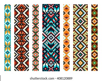 Trendy, contemporary ethnic seamless pattern, embroidery cross, squares, diamonds, chevrons. Beads, bracelet, ribbon, lace, bead weaving.