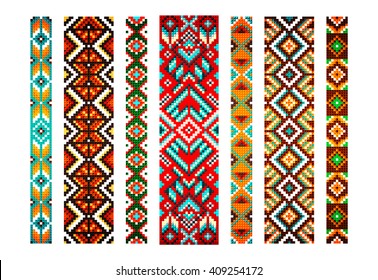 Trendy, contemporary ethnic seamless pattern, embroidery cross, squares, diamonds, chevrons. Beads, bracelet, ribbon, lace, bead weaving.