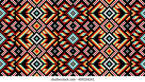 Trendy, contemporary ethnic seamless pattern, embroidery cross, squares, diamonds, chevrons. National pattern, carpet, matting.