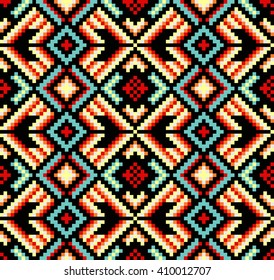 Trendy, contemporary ethnic seamless pattern, embroidery cross, squares, diamonds, chevrons.