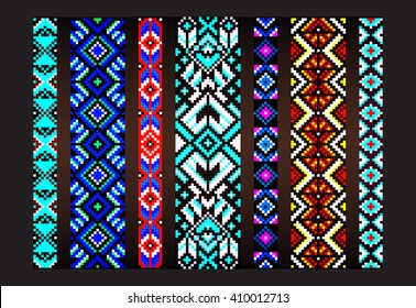 Trendy, contemporary ethnic seamless pattern, embroidery cross, squares, diamonds, chevrons. Beads, bracelet, ribbon, lace, bead weaving.