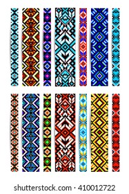 Trendy, contemporary ethnic seamless pattern, embroidery cross, squares, diamonds, chevrons. Beads, bracelet, ribbon, lace, bead weaving.