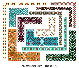 Trendy, contemporary ethnic seamless pattern, embroidery cross, squares, diamonds, chevrons. Beads, bracelet, ribbon, lace, bead weaving.