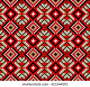 Trendy, contemporary ethnic seamless pattern, embroidery cross, squares, diamonds, chevrons.