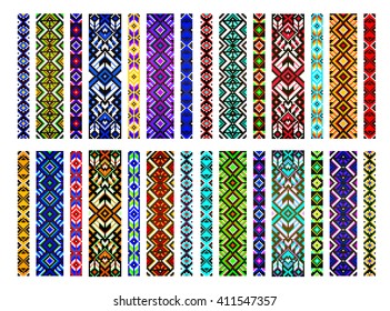 Trendy, contemporary ethnic seamless pattern, embroidery cross, squares, diamonds, chevrons. Beads, bracelet, ribbon, lace, bead weaving.