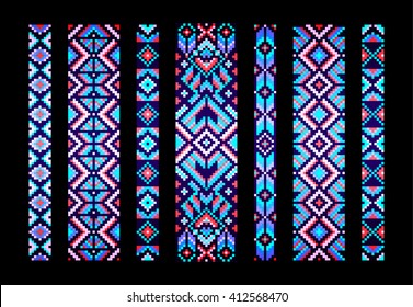 Trendy, contemporary ethnic seamless pattern, embroidery cross, squares, diamonds, chevrons. Beads, bracelet, ribbon, lace, bead weaving.