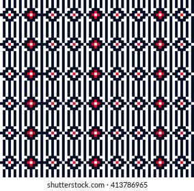 Trendy, contemporary ethnic seamless pattern, embroidery cross, squares, diamonds, chevrons.
