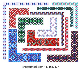 Trendy, contemporary ethnic seamless pattern, embroidery cross, squares, diamonds, chevrons. Beads, bracelet, ribbon, lace, bead weaving.
