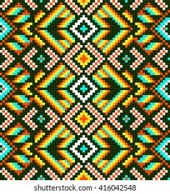 Trendy, contemporary ethnic seamless pattern, embroidery cross, squares, diamonds, chevrons, stylized