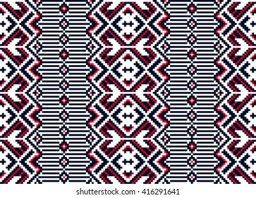 Trendy, contemporary ethnic seamless pattern, embroidery cross, squares, diamonds, chevrons, 