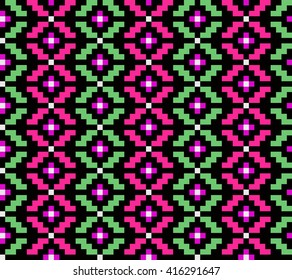 Trendy, contemporary ethnic seamless pattern, embroidery cross, squares, diamonds, chevrons, 