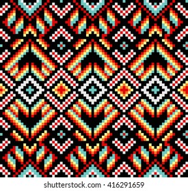 Trendy, contemporary ethnic seamless pattern, embroidery cross, squares, diamonds, chevrons, 