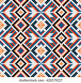 Trendy, contemporary ethnic seamless pattern, embroidery cross, squares, diamonds, chevrons.