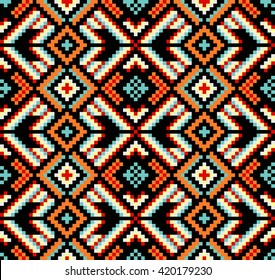 Trendy, contemporary ethnic seamless pattern, embroidery cross, squares, diamonds, chevrons.