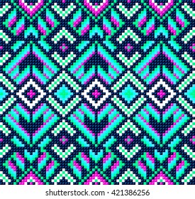 Trendy, contemporary ethnic seamless pattern, embroidery cross, squares, diamonds, chevrons, stylized snake skin