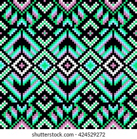Trendy, contemporary ethnic seamless pattern, embroidery cross, squares, diamonds, chevrons, stylized snake skin