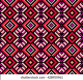 Trendy, contemporary ethnic seamless pattern, embroidery cross, squares, diamonds, chevrons, stylized snake skin