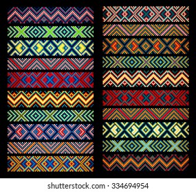 Trendy, contemporary ethnic seamless ribbons and braid, border,  pattern, embroidery cross, squares, diamonds, stripe.