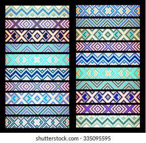 Trendy, contemporary ethnic seamless ribbons and braid, border, pattern, embroidery cross, squares, diamonds, stripe.