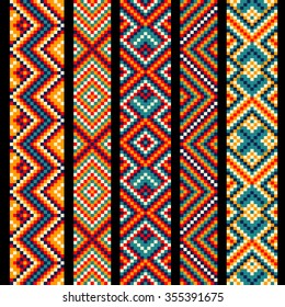 Trendy, contemporary ethnic seamless ribbons and braid, border, pattern, embroidery cross, squares, diamonds, stripe.
