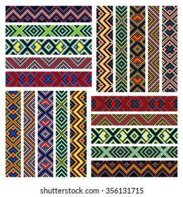 Trendy, contemporary ethnic seamless ribbons and braid, border, pattern, embroidery cross, squares, diamonds, stripe.