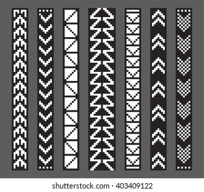 Trendy, contemporary ethnic seamless ribbons and braid, border, pattern, embroidery cross, squares, diamonds, stripe.