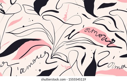 Trendy contemporary floral seamless pattern. Fashionable template for design. Sign "L`amour".